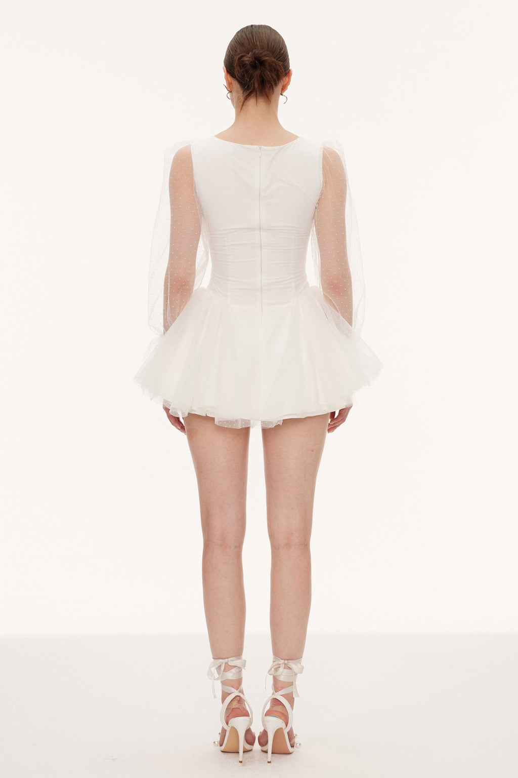 Danyal Flower Balloon Sleeve Mesh Mini Dress In White
