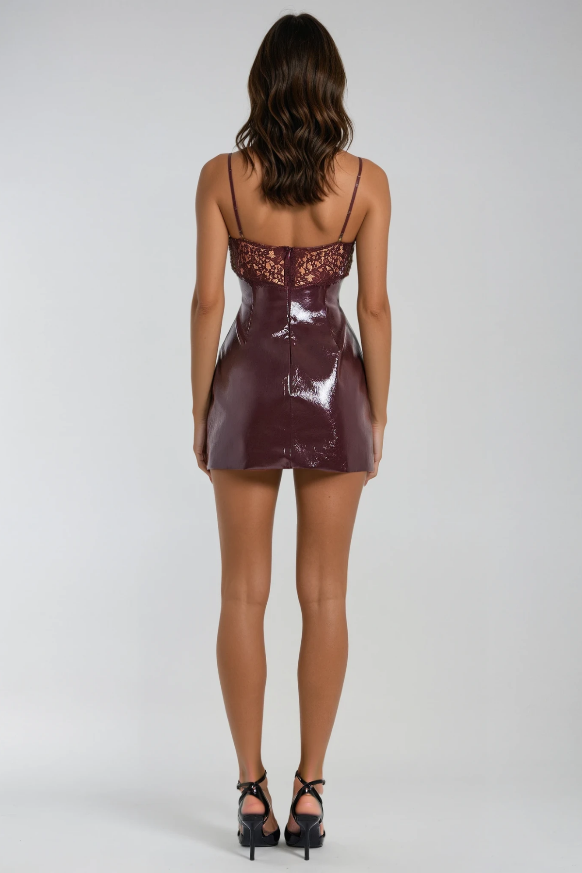 Devika Spaghetti Lace Leather Mini Dress