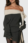 Misael Off Shoulder Bow Knit Mini Dress - Grey